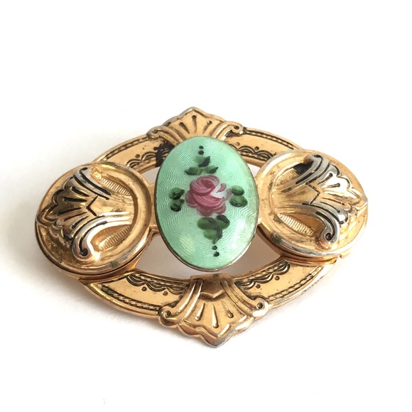 Vintage Jewelry - Vintage Guilloche Enamel Rose Brooch Sea Green
